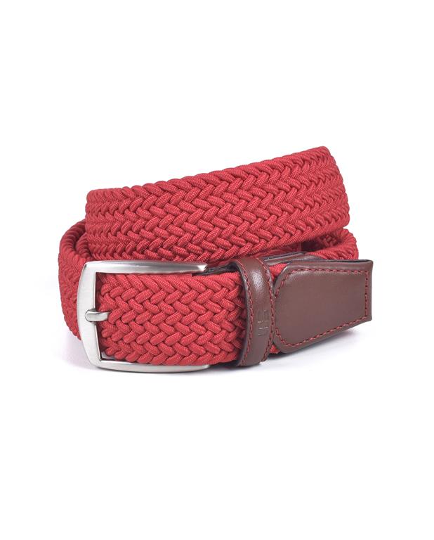 Red woven belt with a silver buckle and brown leather strap on a white background