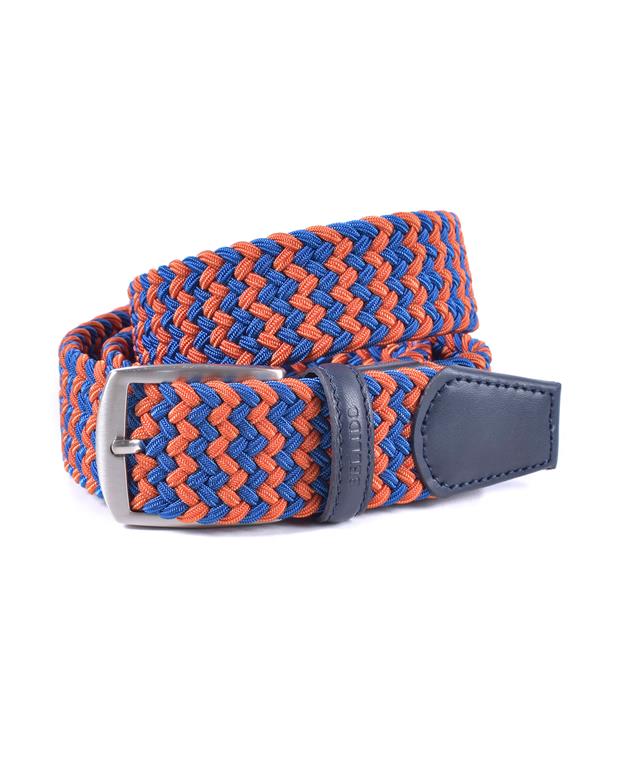 Blue and orange woven belt with a silver buckle on a white background
