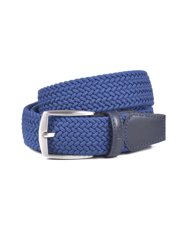 Blue woven belt with a silver buckle on a white background