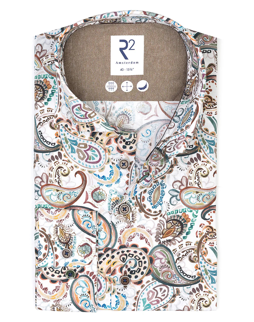 R2 Amsterdam White Cotton Stretch Paisley Print Shirt