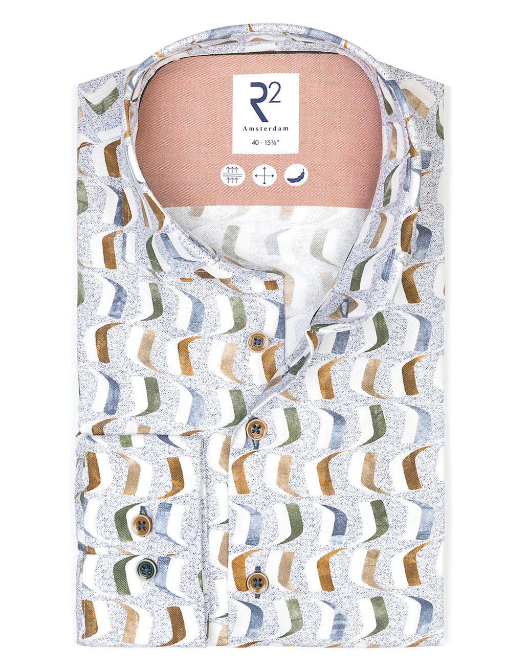 R2 Amsterdam White Cotton Stretch Print Shirt