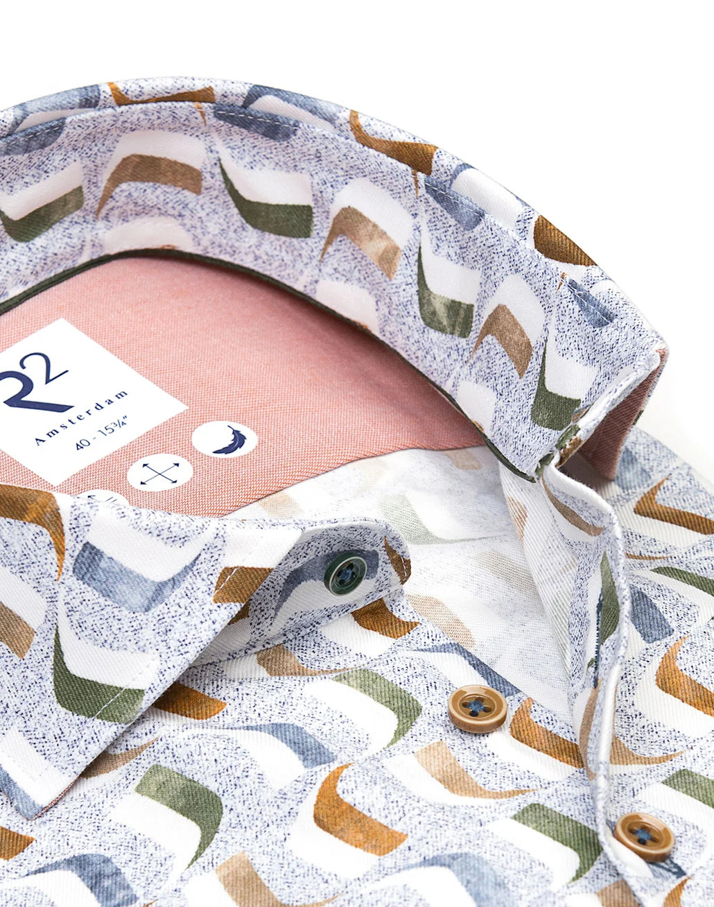 R2 Amsterdam White Cotton Stretch Print Shirt