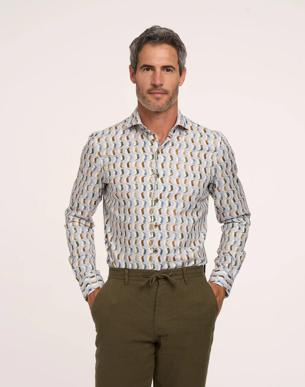 R2 Amsterdam White Cotton Stretch Print Shirt