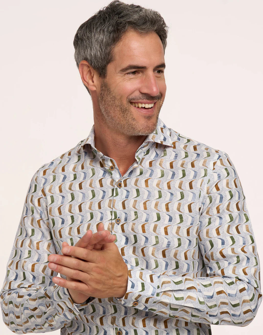 R2 Amsterdam White Cotton Stretch Print Shirt