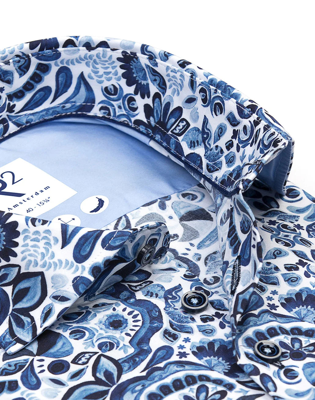 R2 Amsterdam Indigo Floral Cotton Stretch Print Shirt
