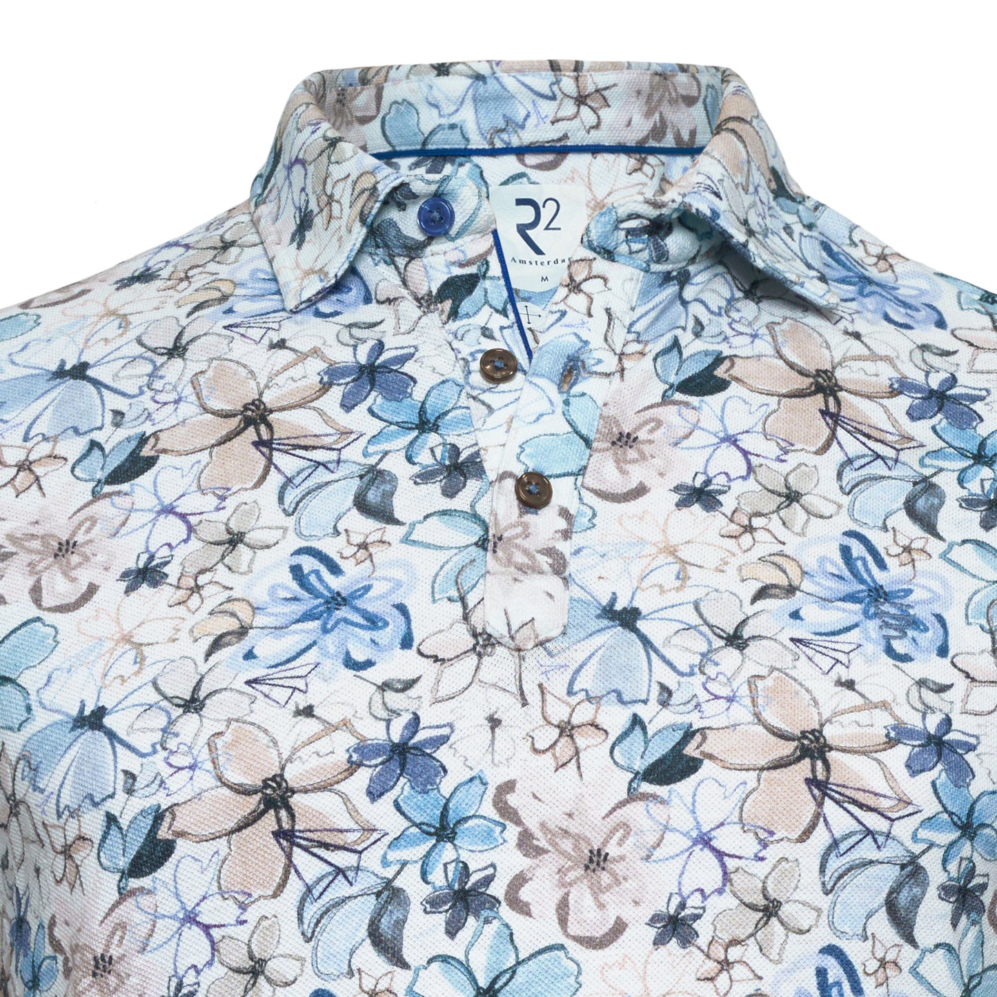 R2 Amsterdam White Floral Print Polo Shirt | Organic Cotton/Linen Pique Cotton Modern Fit