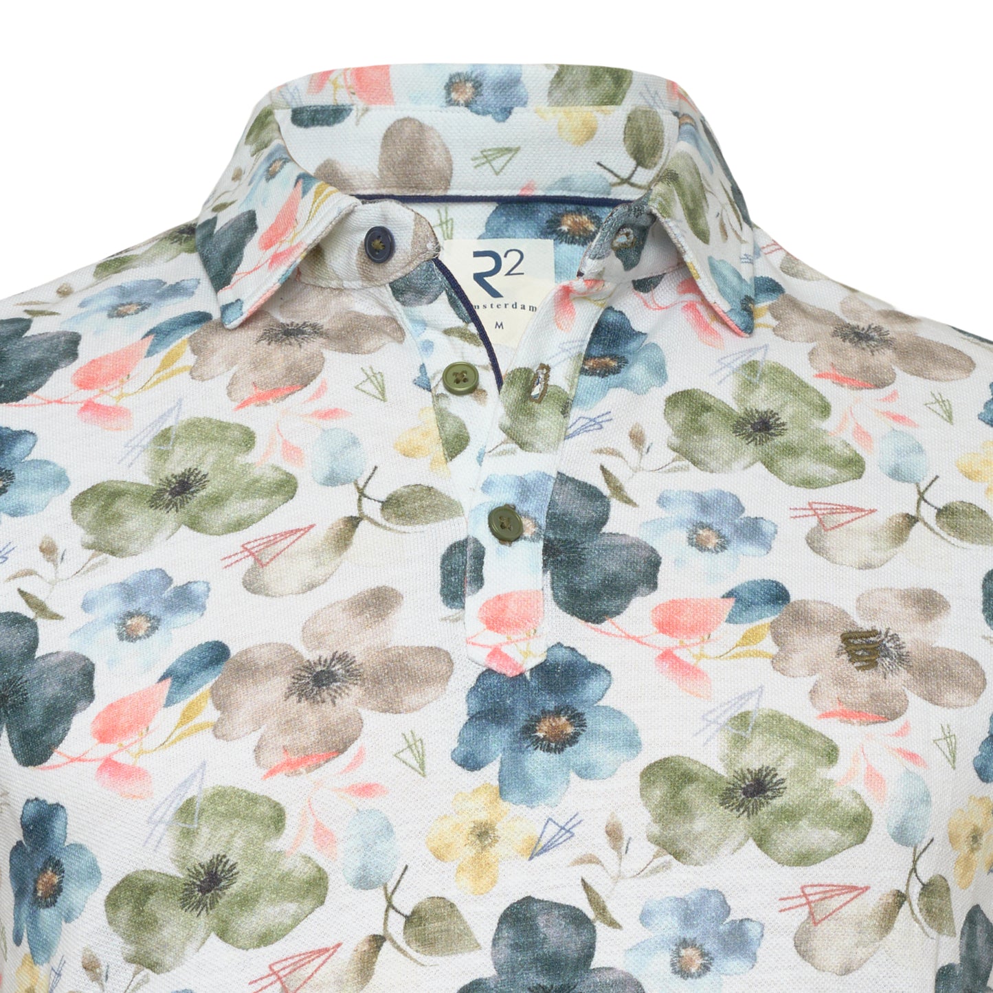R2 Amsterdam Multi Floral Print Polo Shirt | Organic Cotton/Linen Pique Cotton Modern Fit