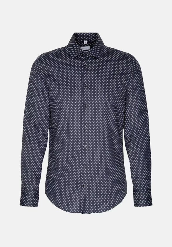 Seidensticker Navy Wrinkle-Free Cotton Print Twill Slim Fit Shirt — Classic Business Dress Shirt