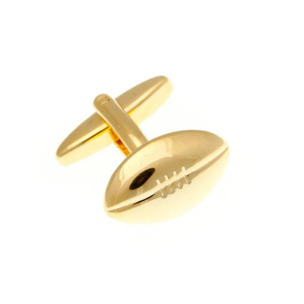 Gold rugby-shaped cufflinks on a white background