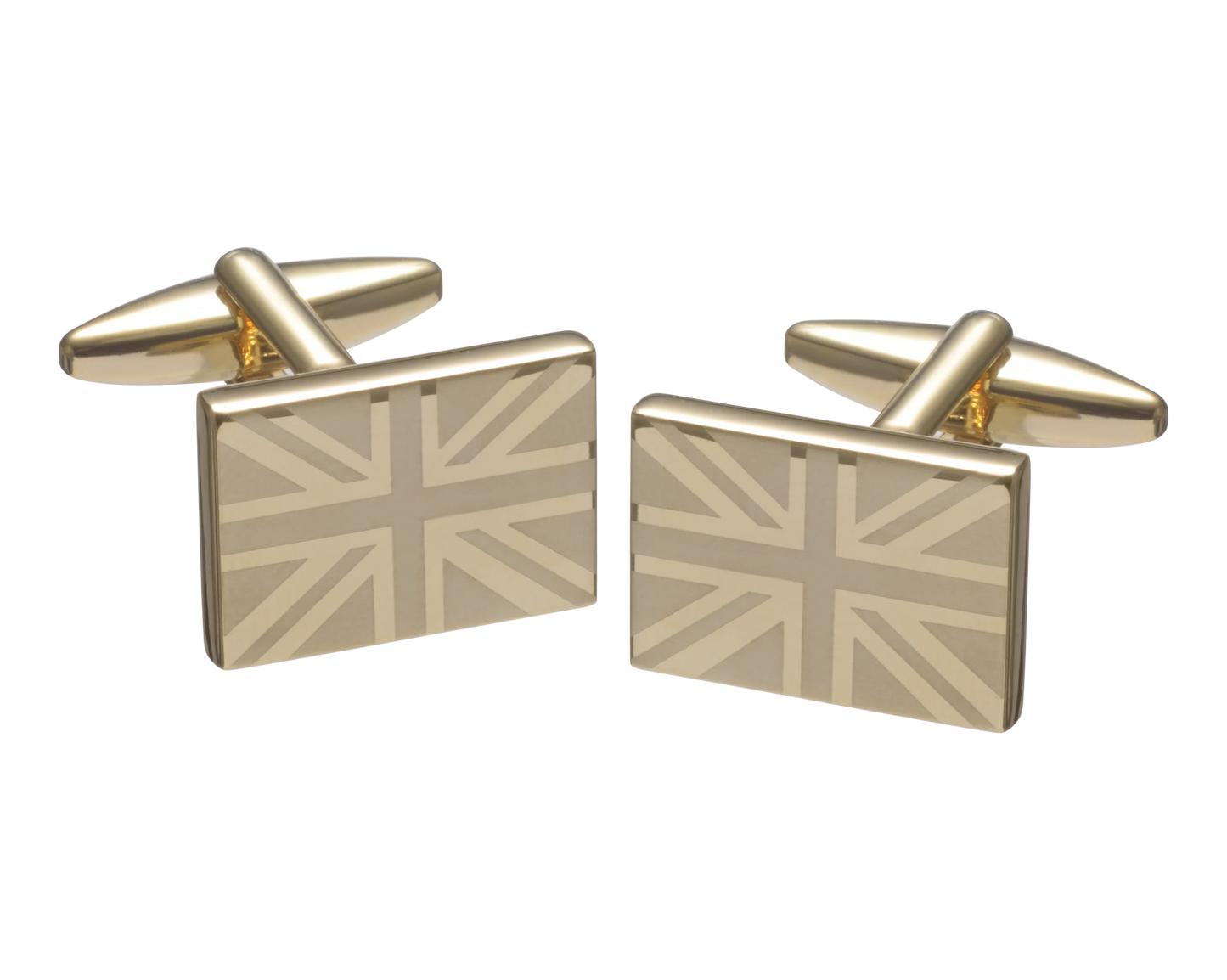 union jack gold etched cufflinks on white background
