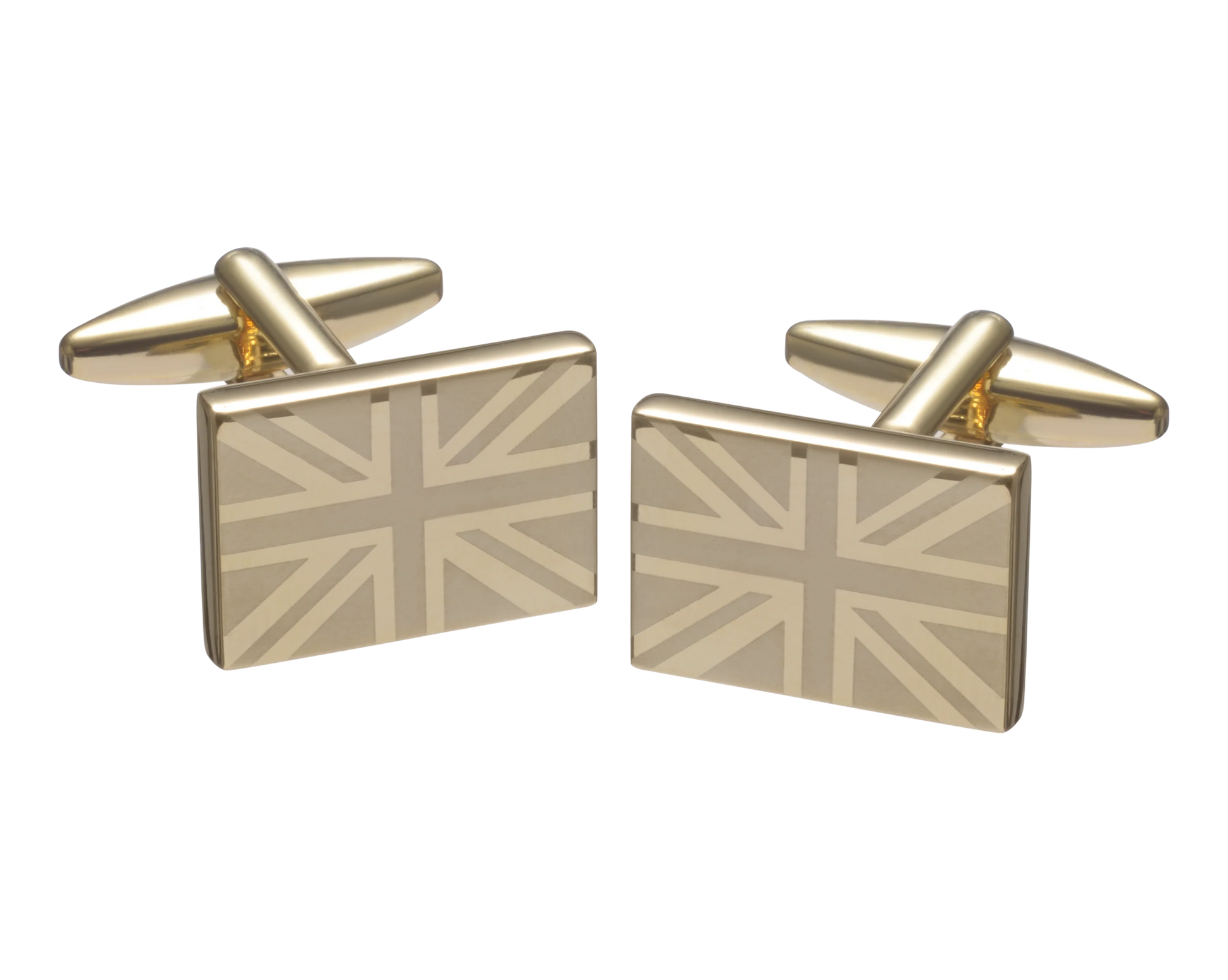 union jack gold etched cufflinks on white background