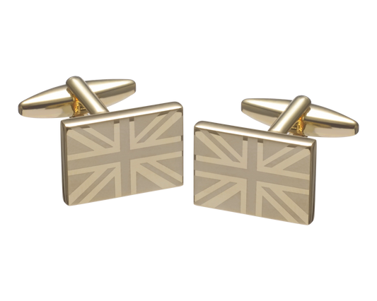 union jack gold etched cufflinks on white background