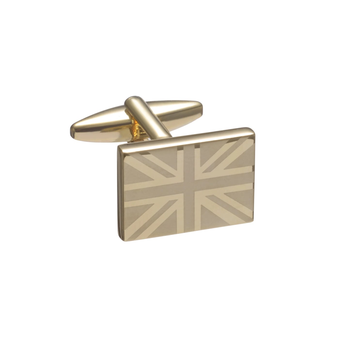 Gold Union Jack cufflinks on a white background
