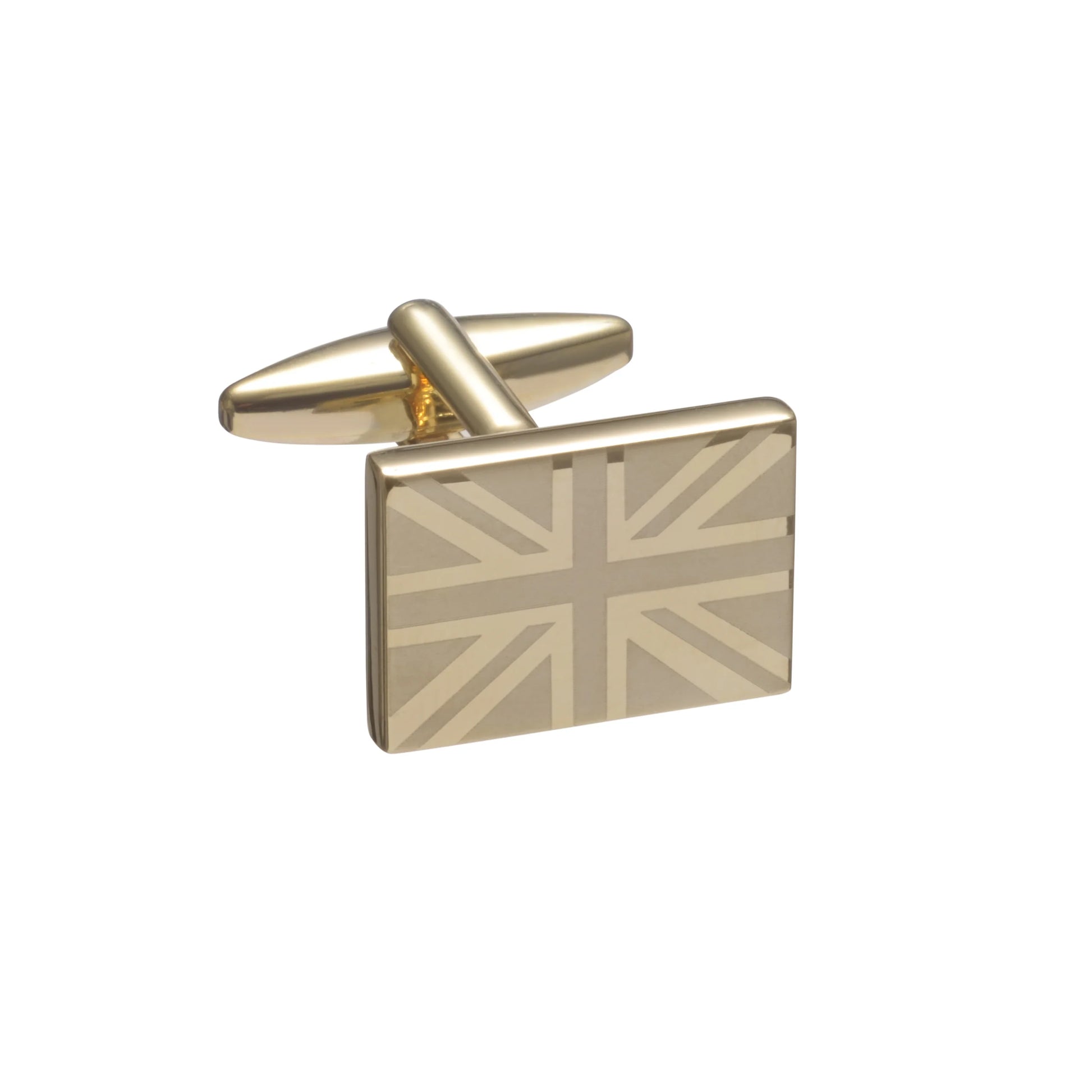 Gold Union Jack cufflinks on a white background