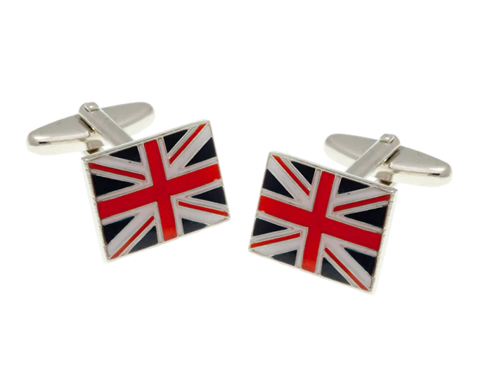 Pair of Union Jack flag cufflinks on a white background