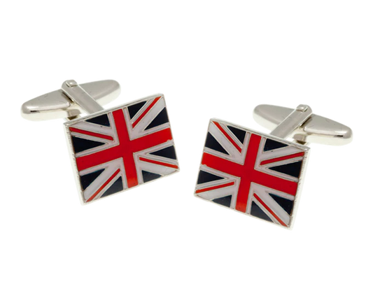 Pair of Union Jack flag cufflinks on a white background