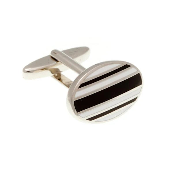 Cufflinks with black and white striped design on a white background