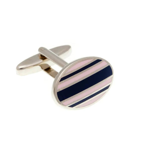 Cufflink with pink and blue striped design on a white background