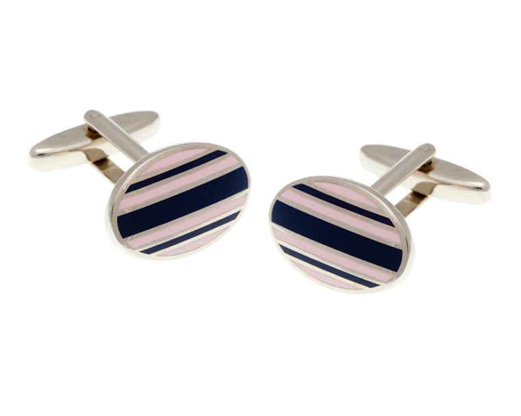 Cufflinks with pink and navy stripes on a white background
