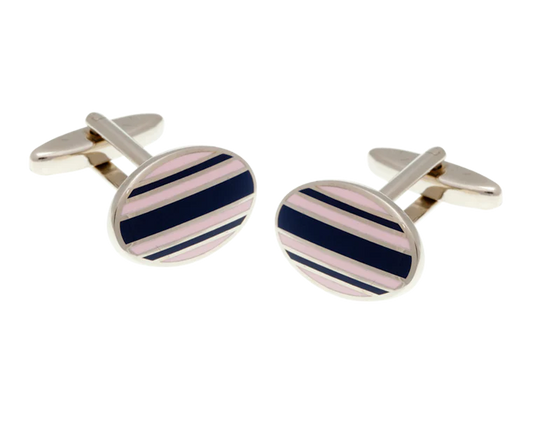 Cufflinks with pink and navy stripes on a white background