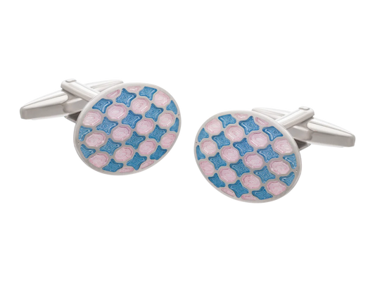 Pair of cufflinks with pink and blue checkered pattern on a white background