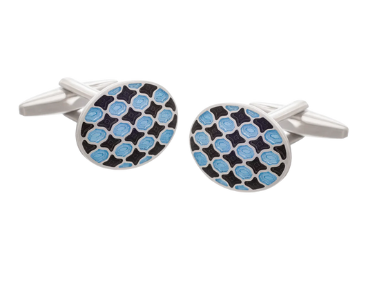 Cufflinks with blue and black pattern on a white background
