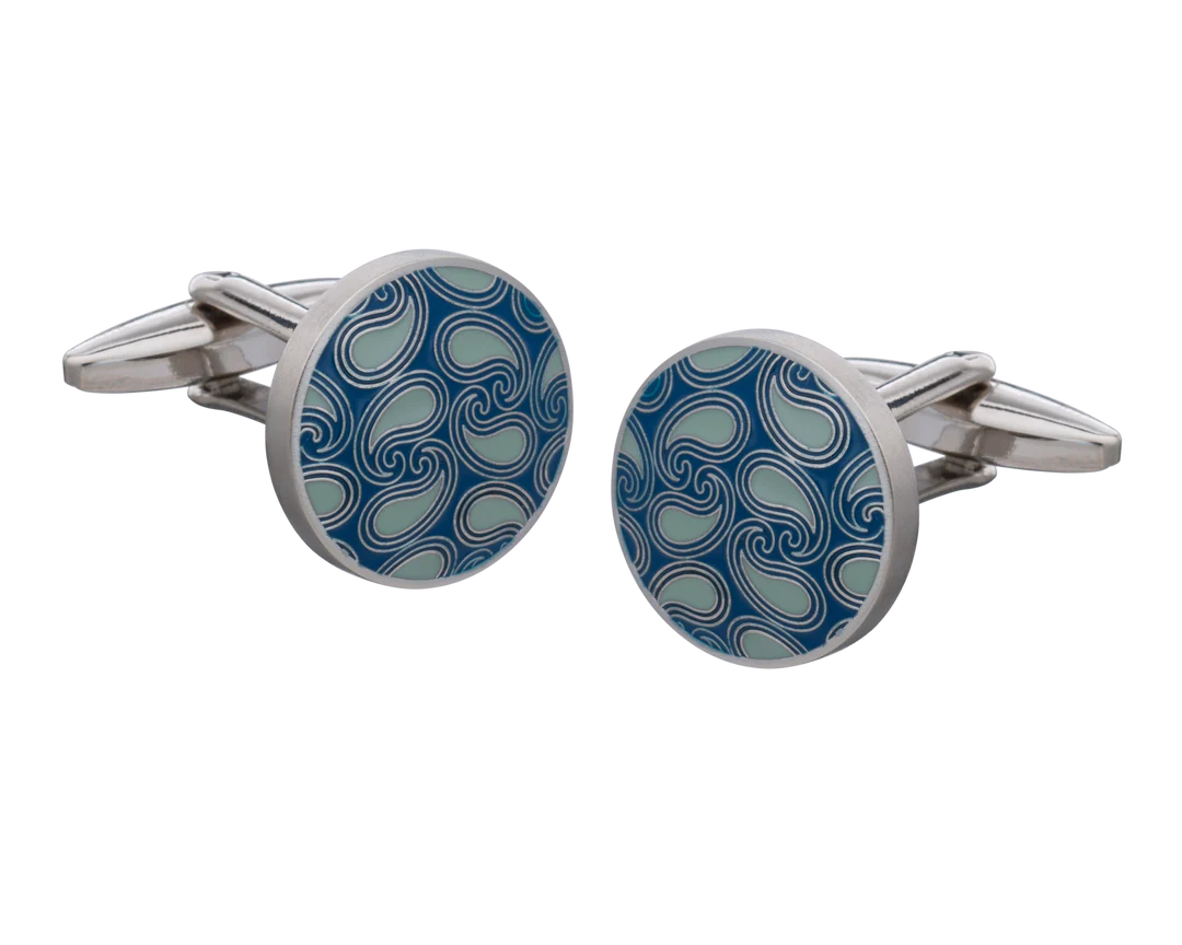 Cufflinks with blue and silver design on a white background