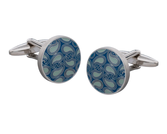 Cufflinks with blue and silver design on a white background