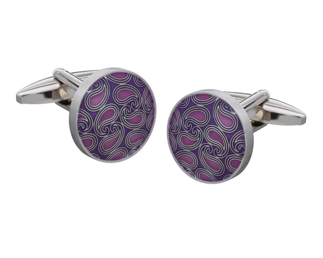 Purple paisley patterned cufflinks on a white background