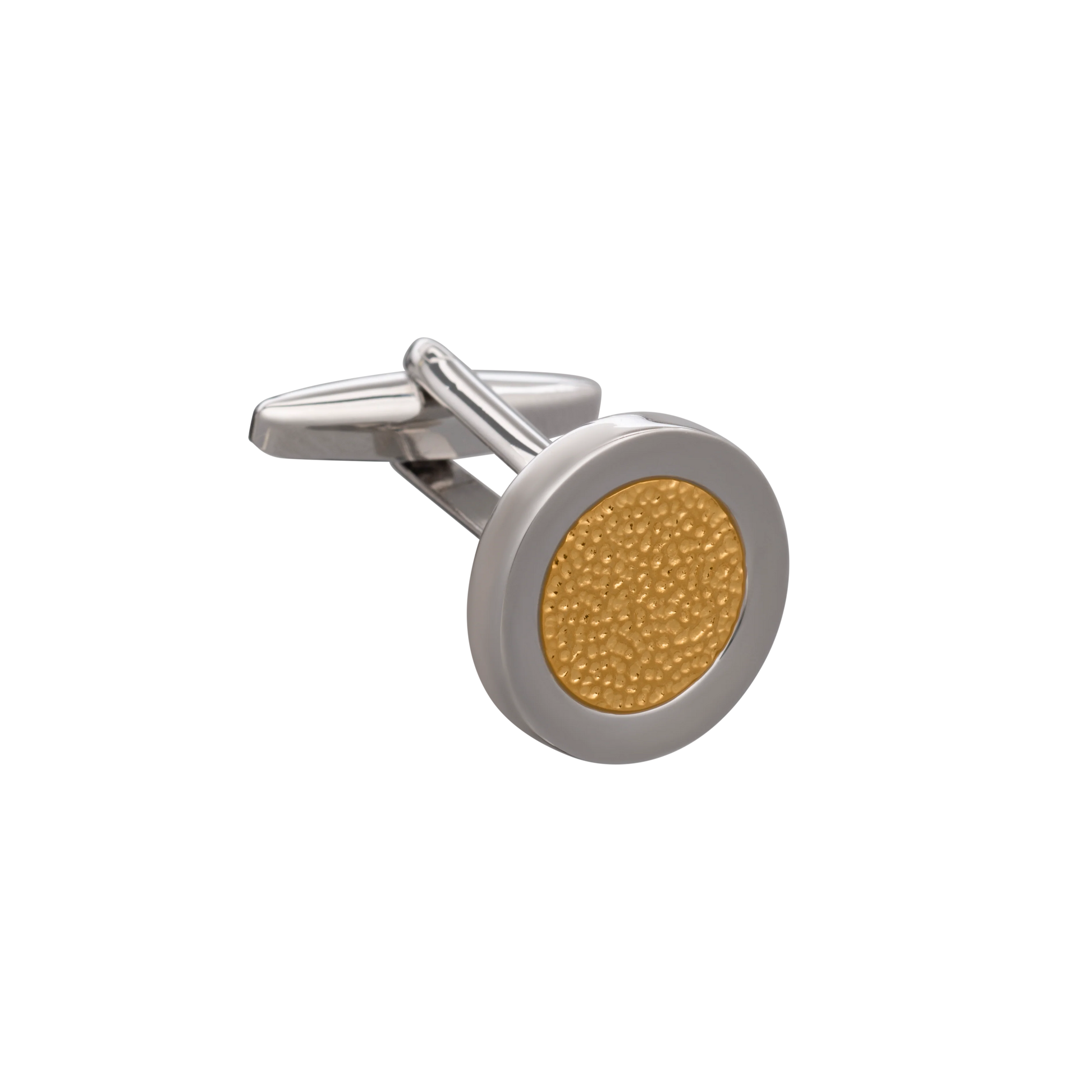 Cufflink with gold center and silver frame on a white background