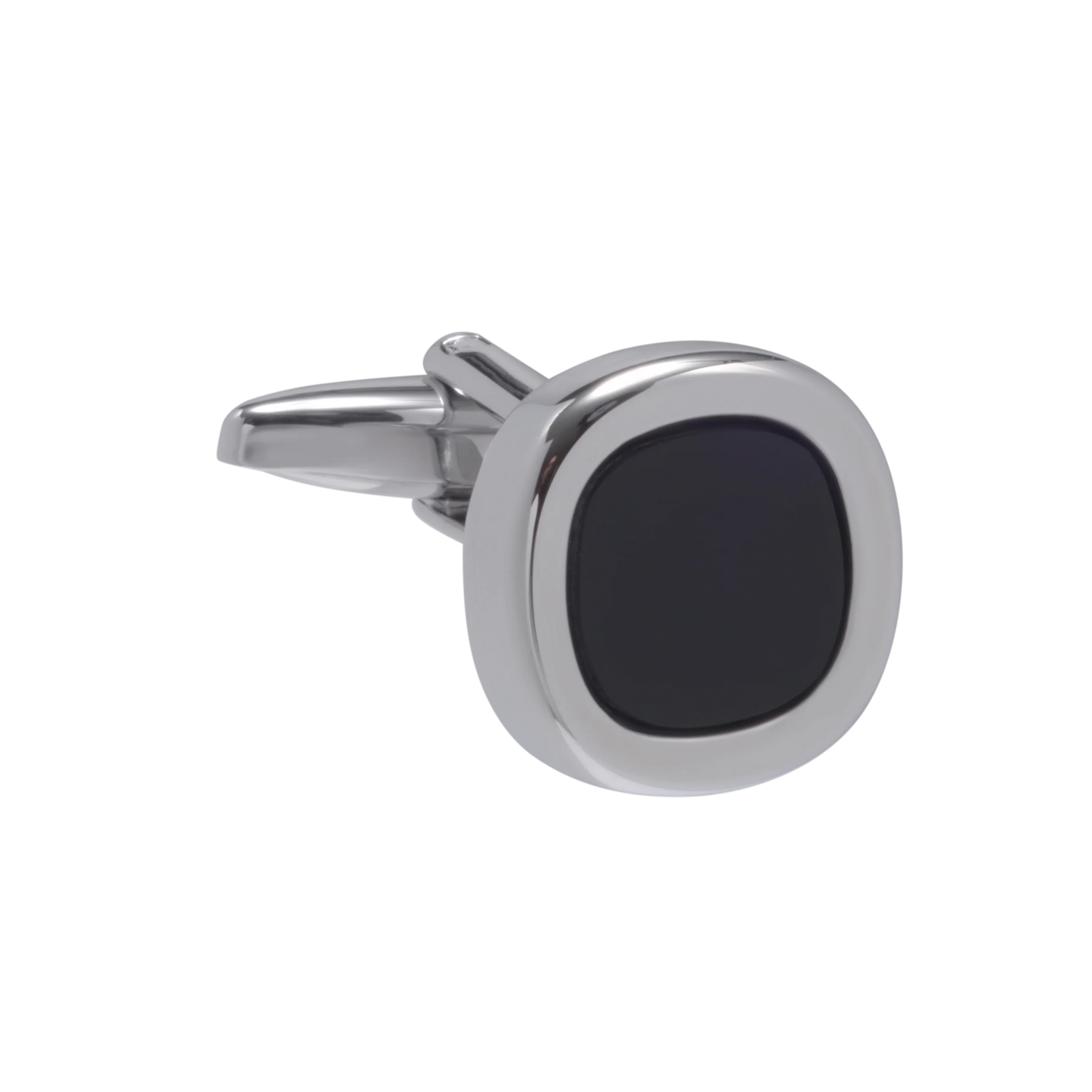 Cufflink with black stone and silver frame on a white background