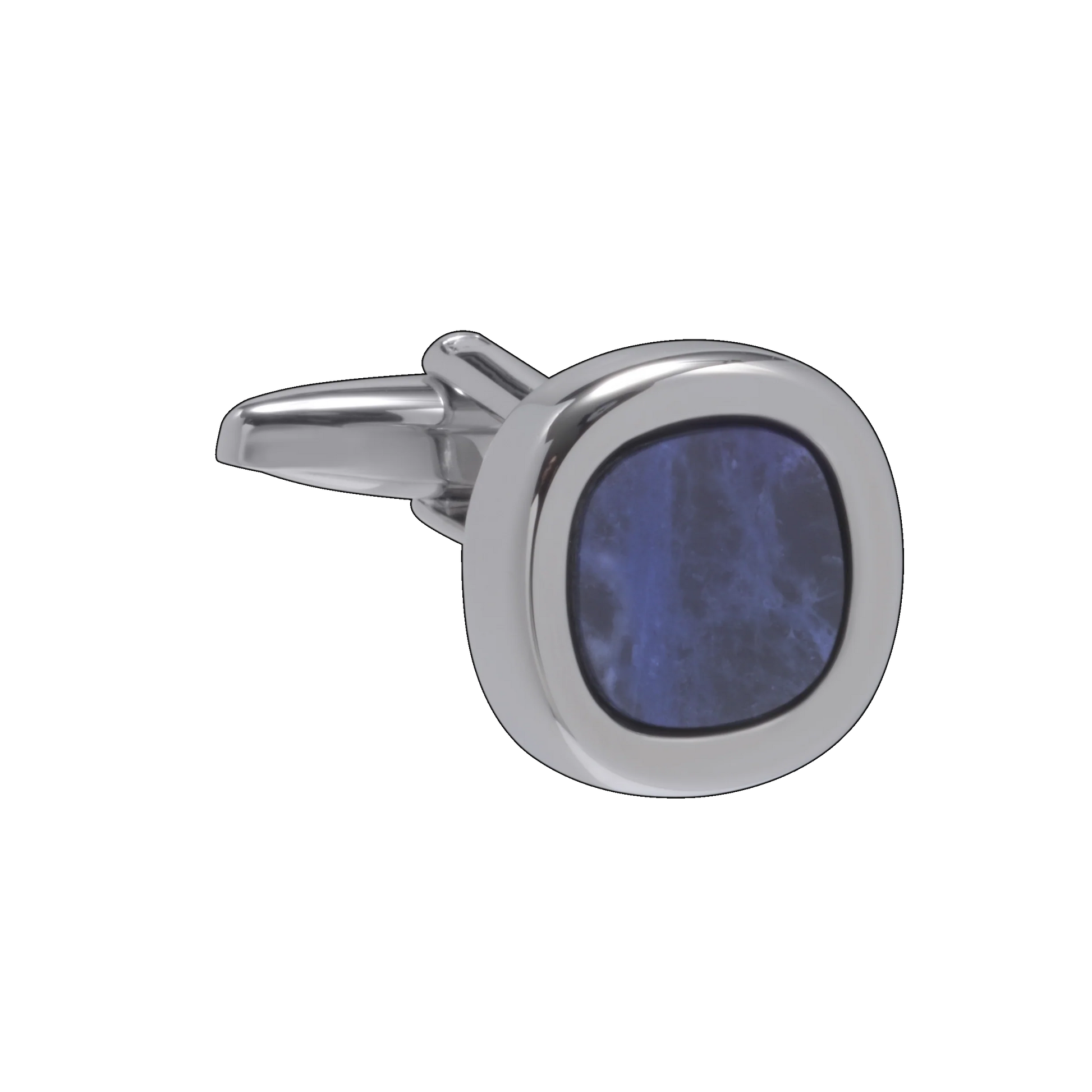 Silver cufflink with a blue stone on a white background