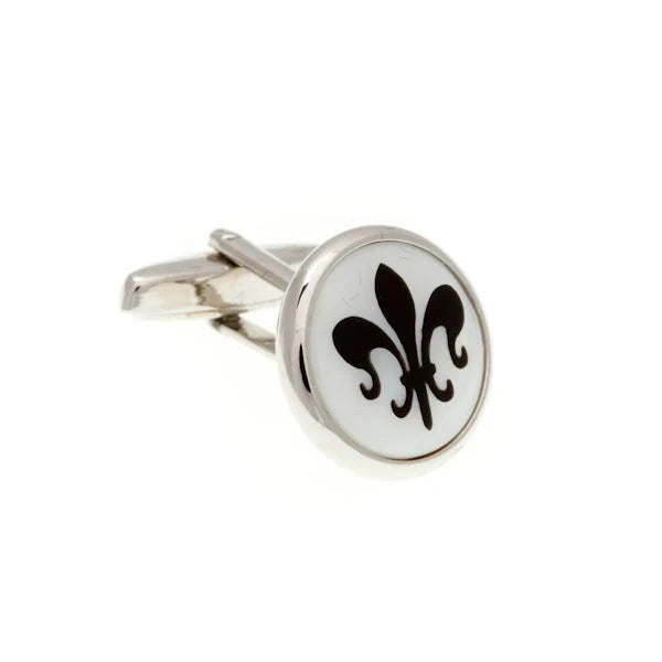 Cufflinks with a black fleur-de-lis design on a white background