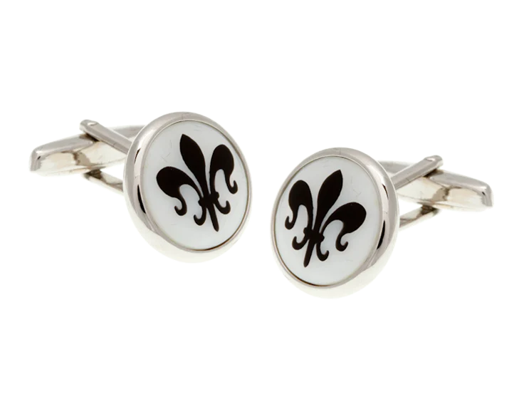 Cufflinks with black fleur-de-lis design on a white background