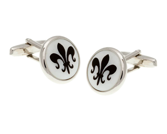 Cufflinks with black fleur-de-lis design on a white background