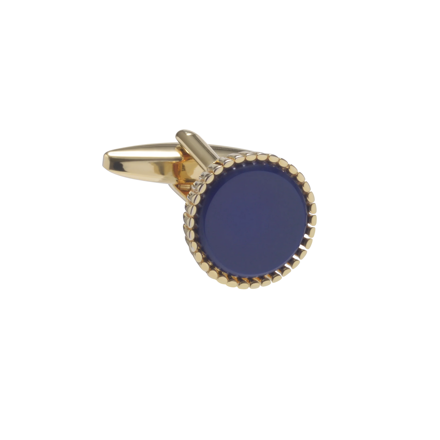 Gold cufflink with a blue round stone on a white background