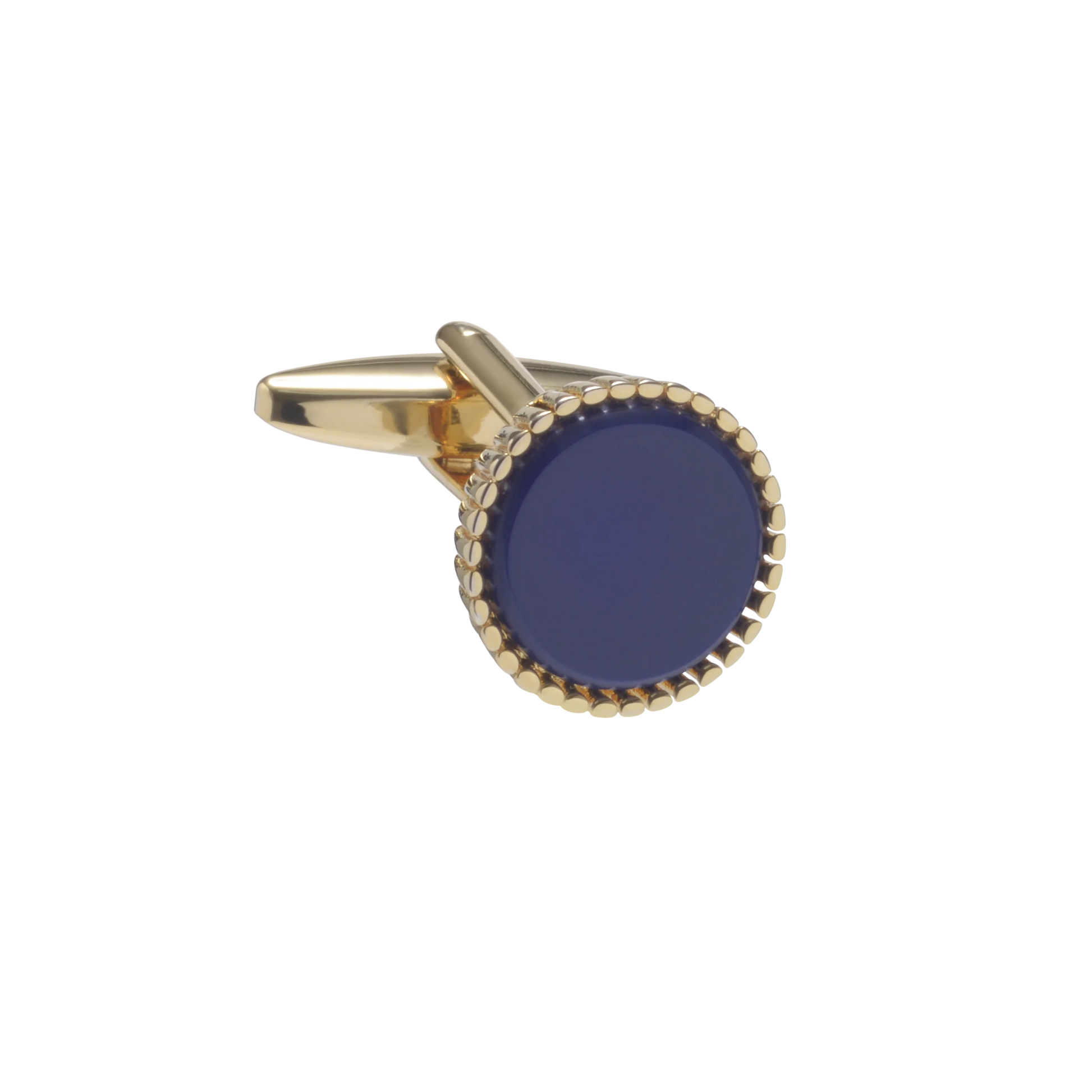 Gold cufflink with a blue round stone on a white background
