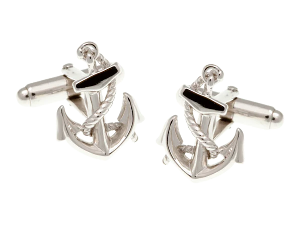 Silver anchor cufflinks with black accents on a white background