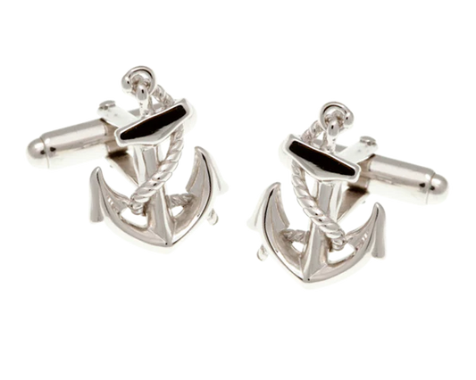 Silver anchor cufflinks with black accents on a white background