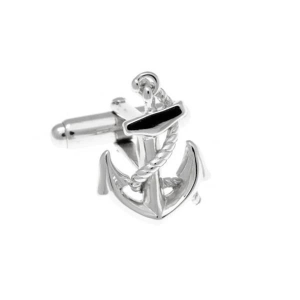 Silver anchor cufflinks on a white background
