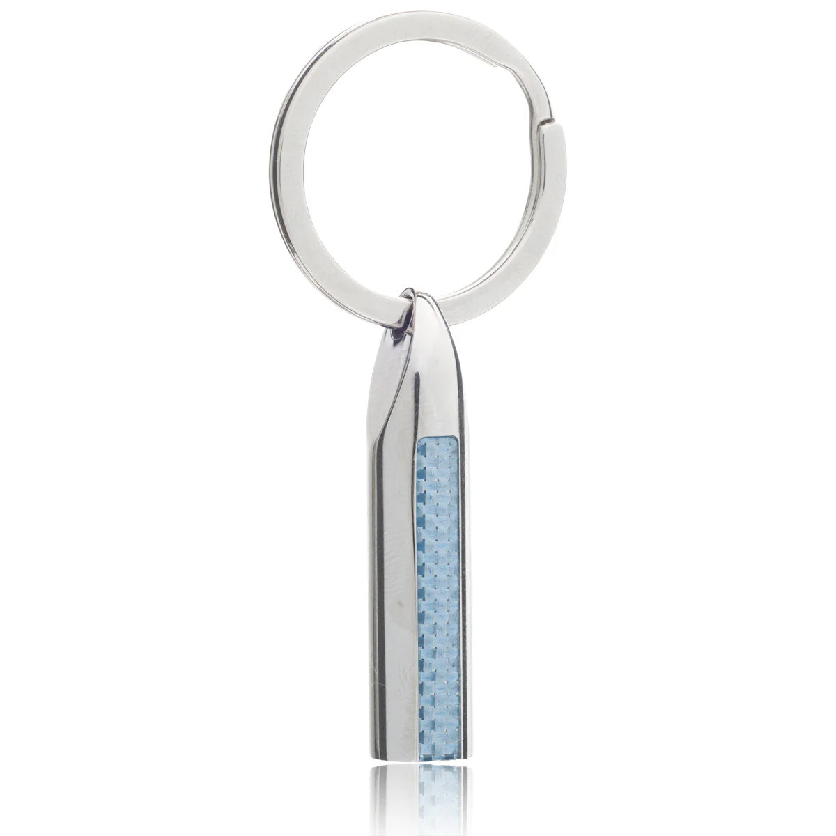 Silver keychain with a textured blue accent on a white background