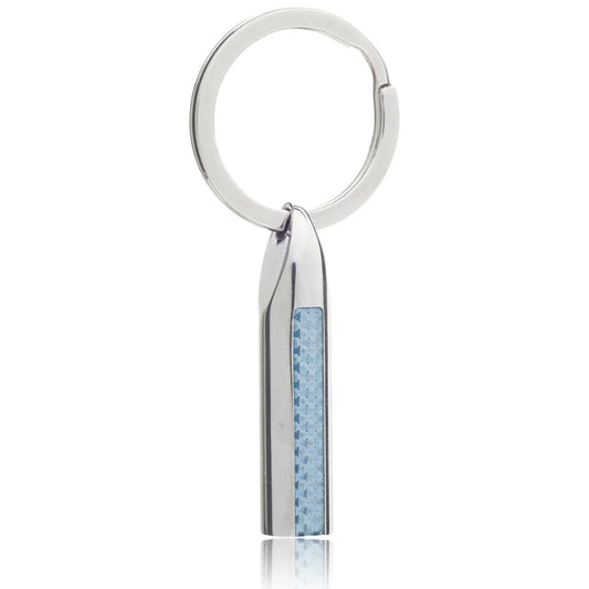 Silver keychain with a textured blue accent on a white background