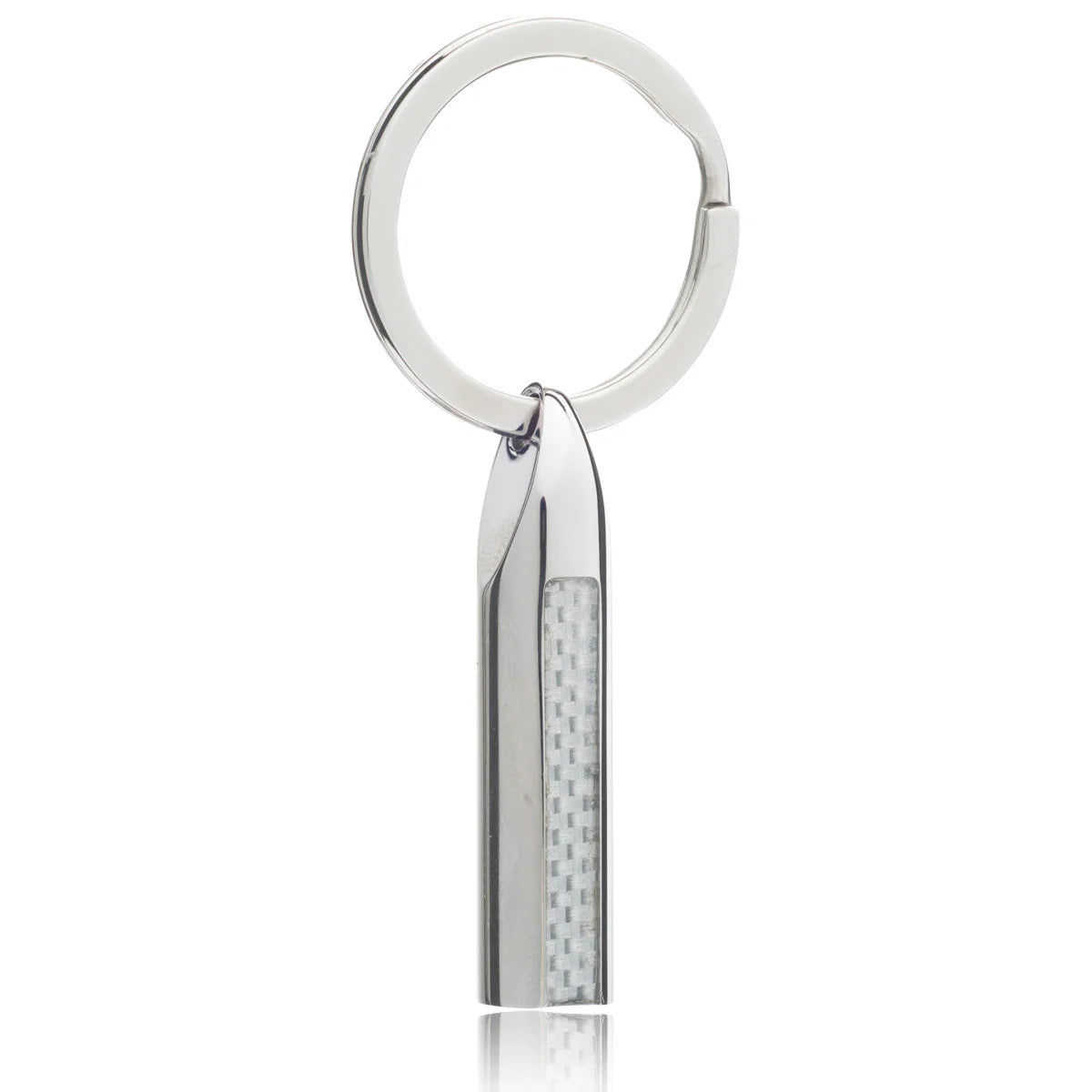 silver key ring with white insert on white background
