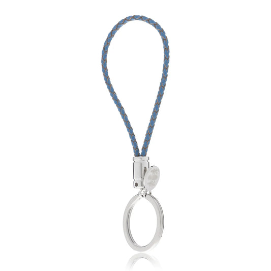 blue leather braided key chain on white background