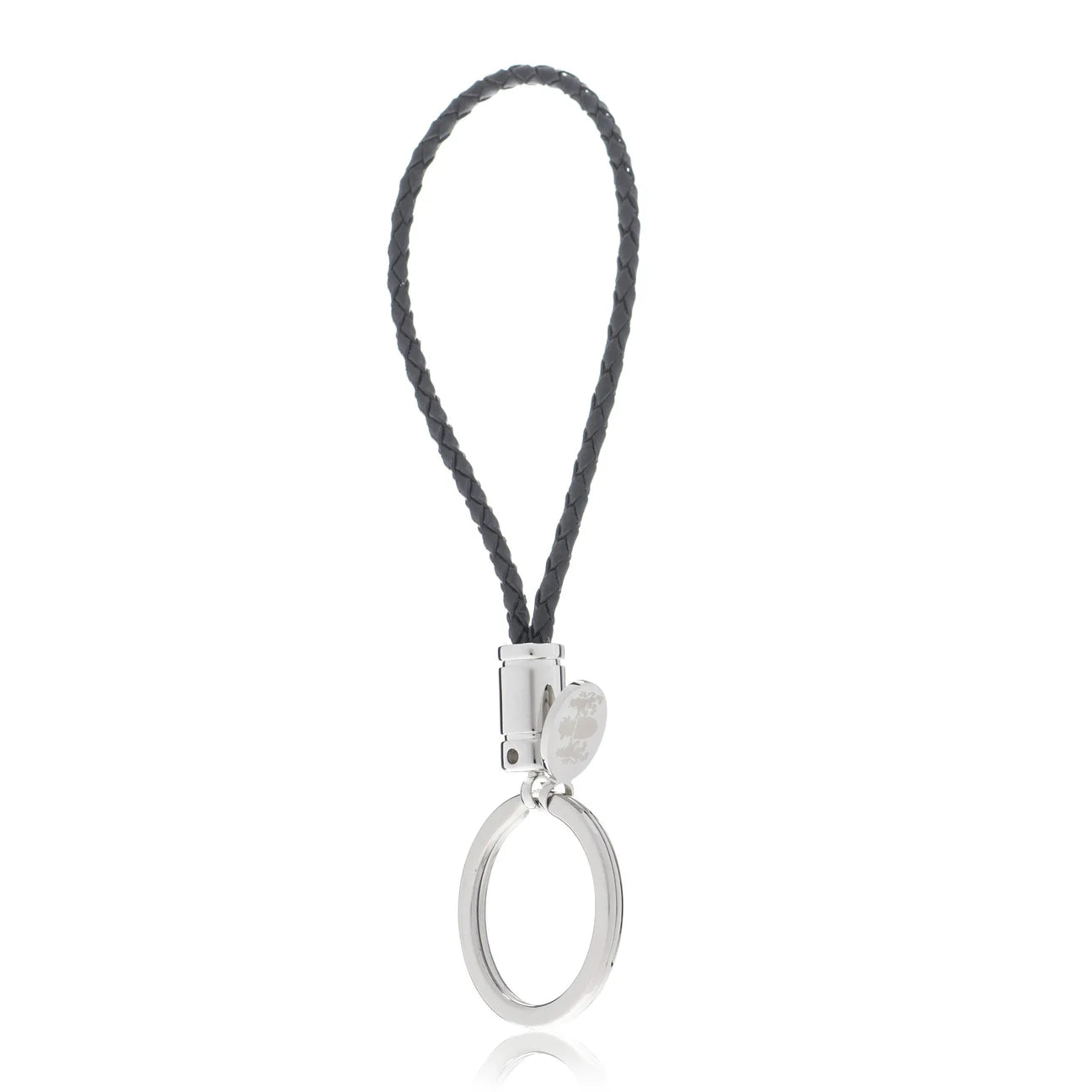 black leather braided key chain on white background
