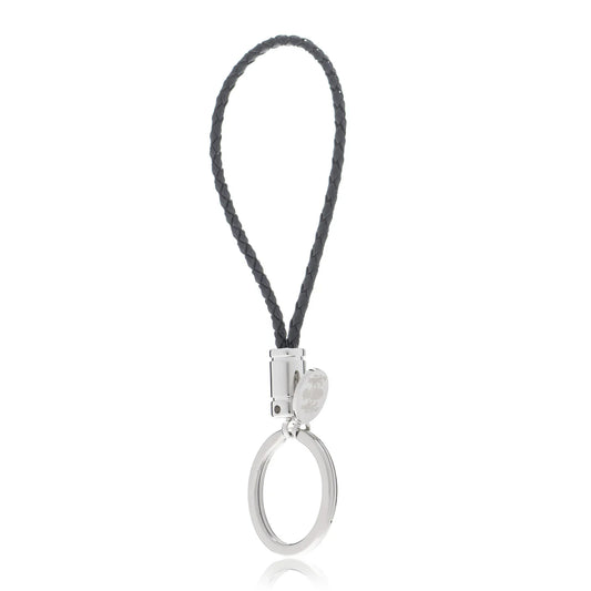 black leather braided key chain on white background