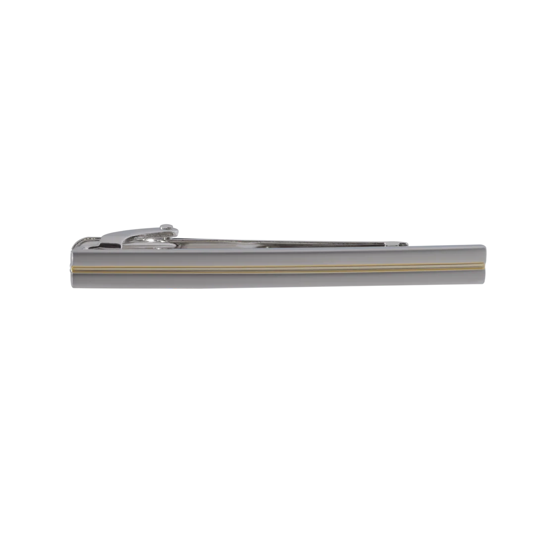 silver tie bar with gold line on white background