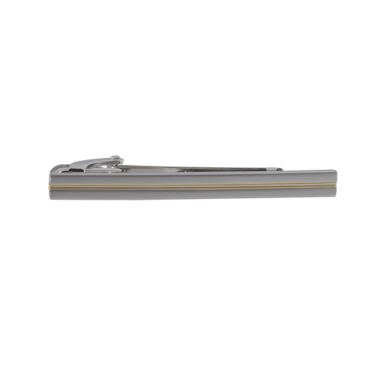 silver tie bar with gold line on white background