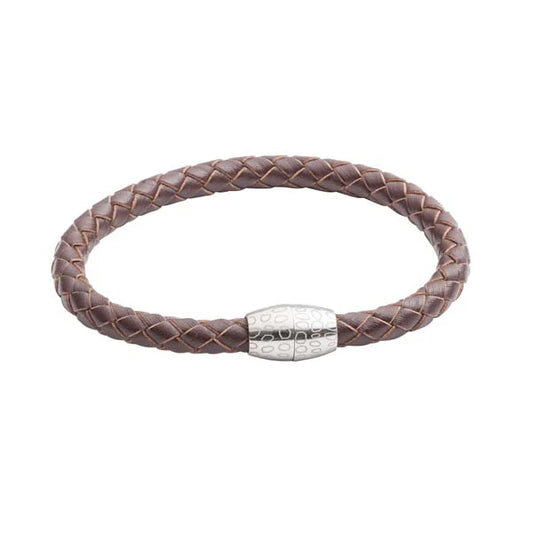 Brown braided leather bracelet with a silver clasp on a white background
