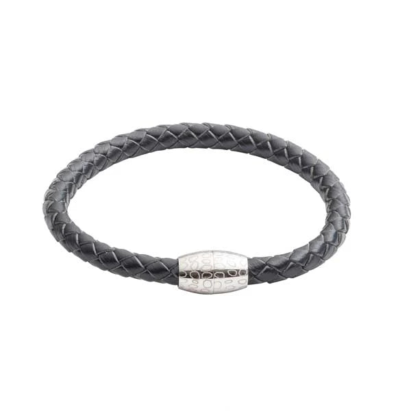 Black braided leather bracelet with a silver clasp on a white background